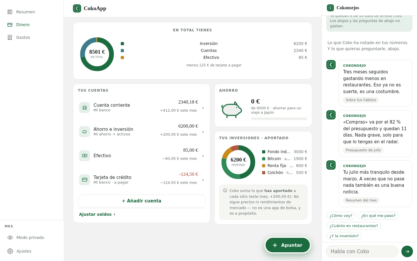 Pantalla de dinero de Coko en el ordenador: cuentas, ahorro e inversión en una sola vista