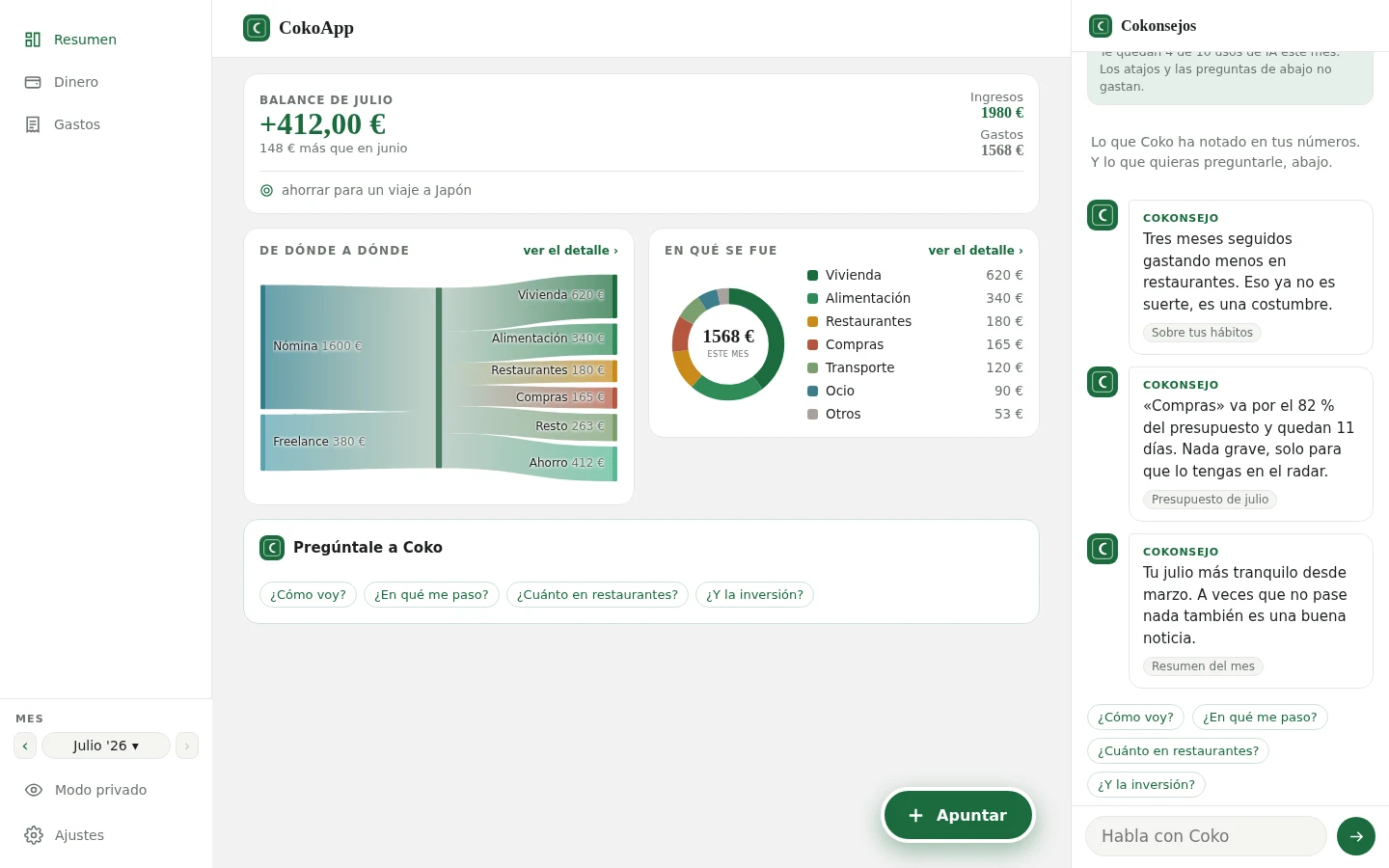 La app de Coko en el ordenador: menú lateral, resumen del mes y panel de Cokonsejos al lado