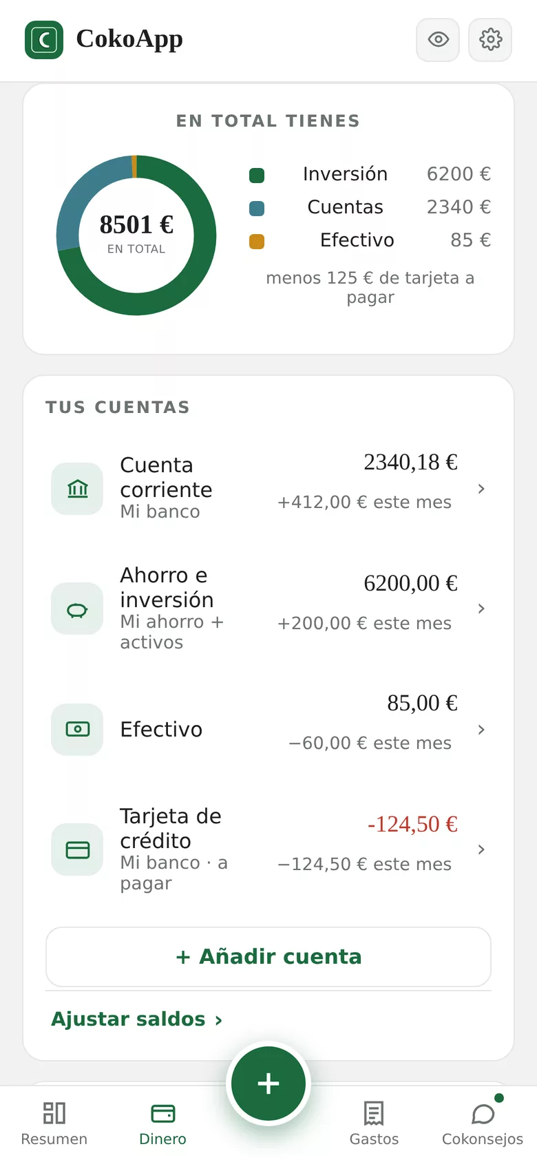 Pantalla de dinero: total, reparto entre inversión, cuentas y efectivo, y saldo de cada cuenta